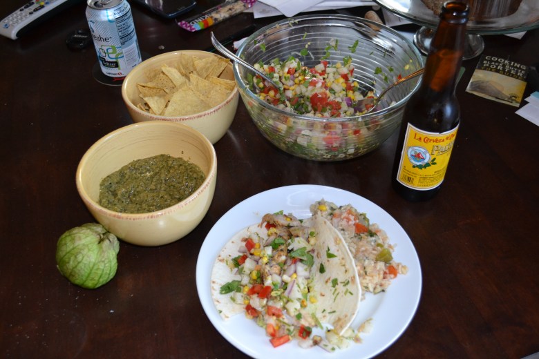 Our complete Cinco de Mayo meal, including the titular salsa on the left