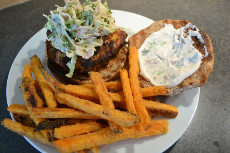 Turkey burgers with chipotle aioli and sweet potato fries