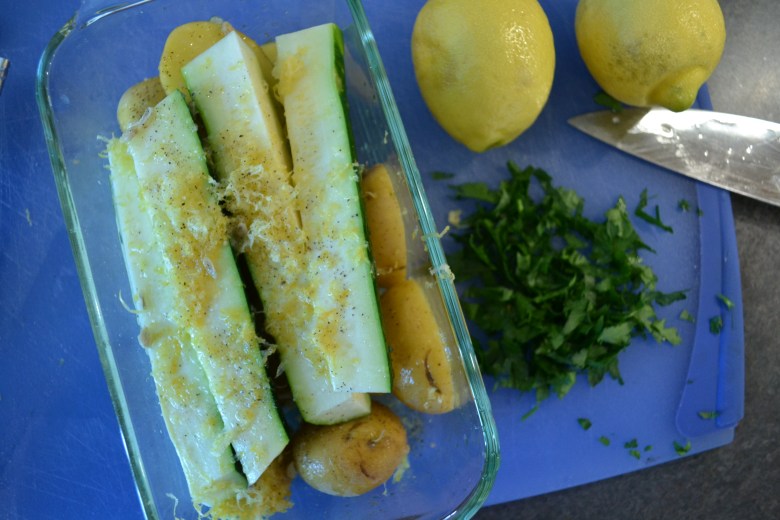 Zucchini and lemon-zest, over a bed of mini-potatoes