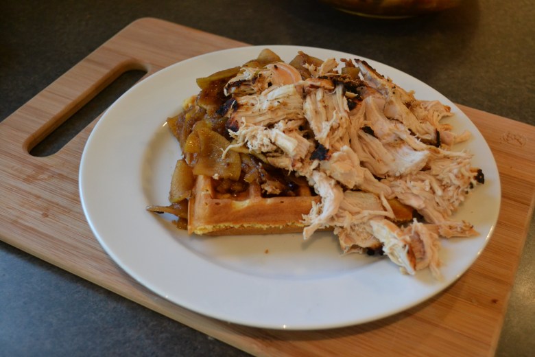 My cornbread waffles with pulled chipotle chicken and onion-apple chutney