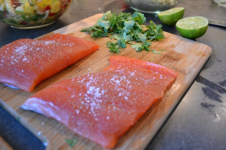 Seasoned salmon and some fresh produce