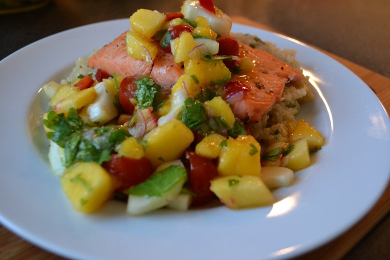 Salmon, quinoa and fruit-salsa makes for a hearty, healthy and photogenic meal!