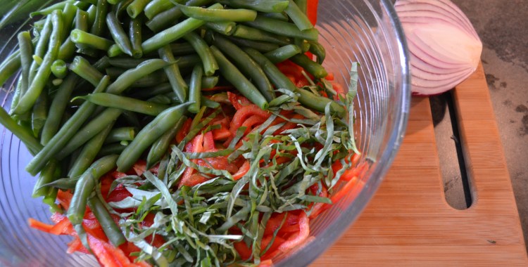 All ingredients in the bowl (the onions are soaking in the liquid below the other ingredients)