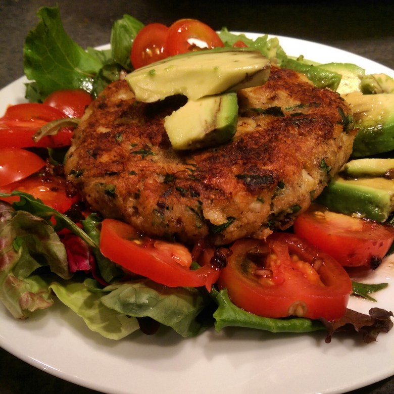 Rockfish cakes (with bacon, of course) over a simple salad