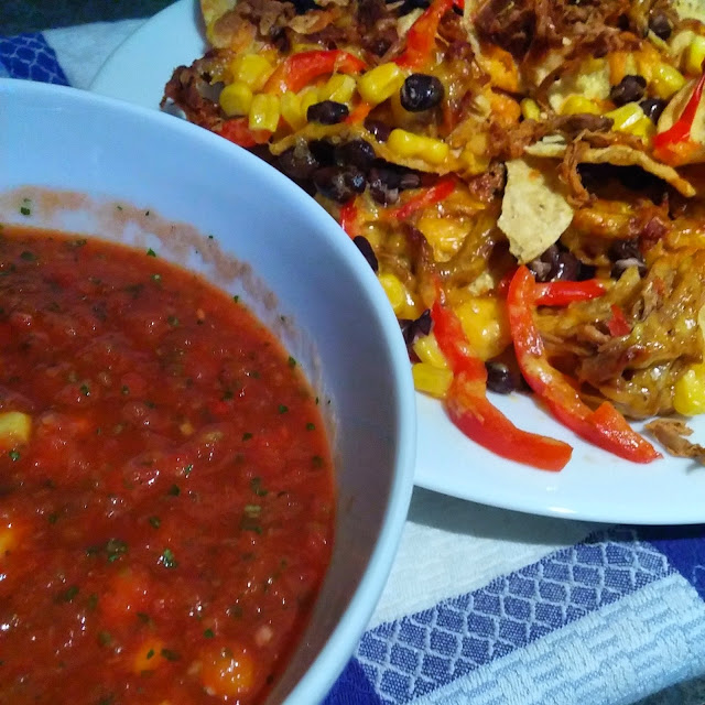 My awesome salsa, served with some equally awesome nachos.